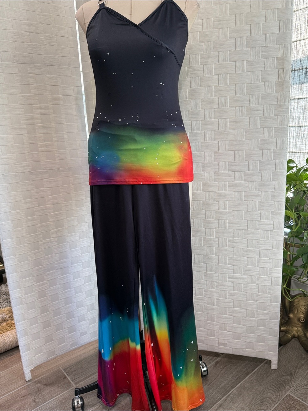 Black Two-Piece Set with Rainbow Aurora Print